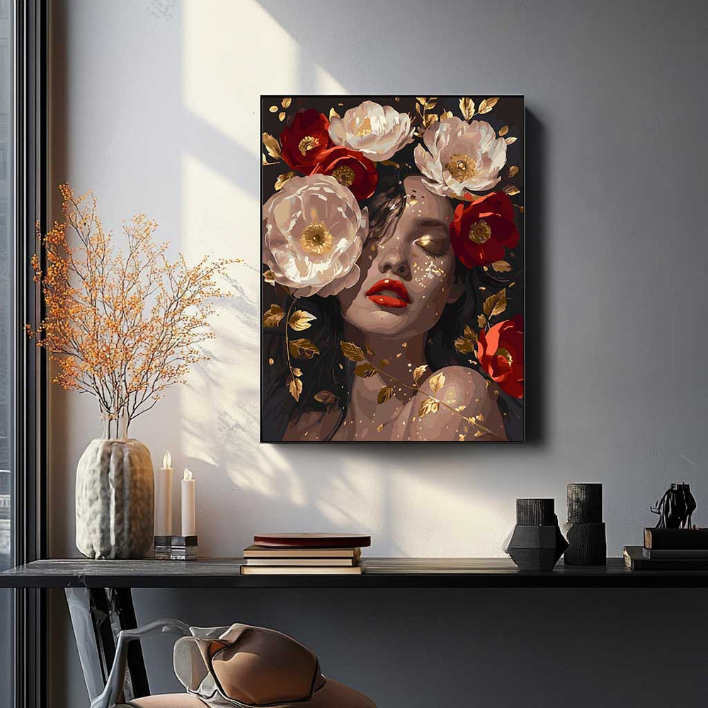 
                      
                        Painting by numbers - Girl and red peonies in gold
                      
                    