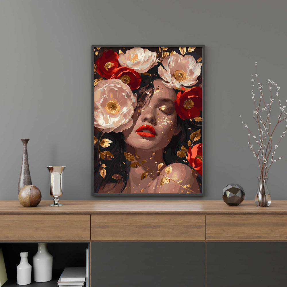 
                      
                        Painting by numbers - Girl and red peonies in gold
                      
                    