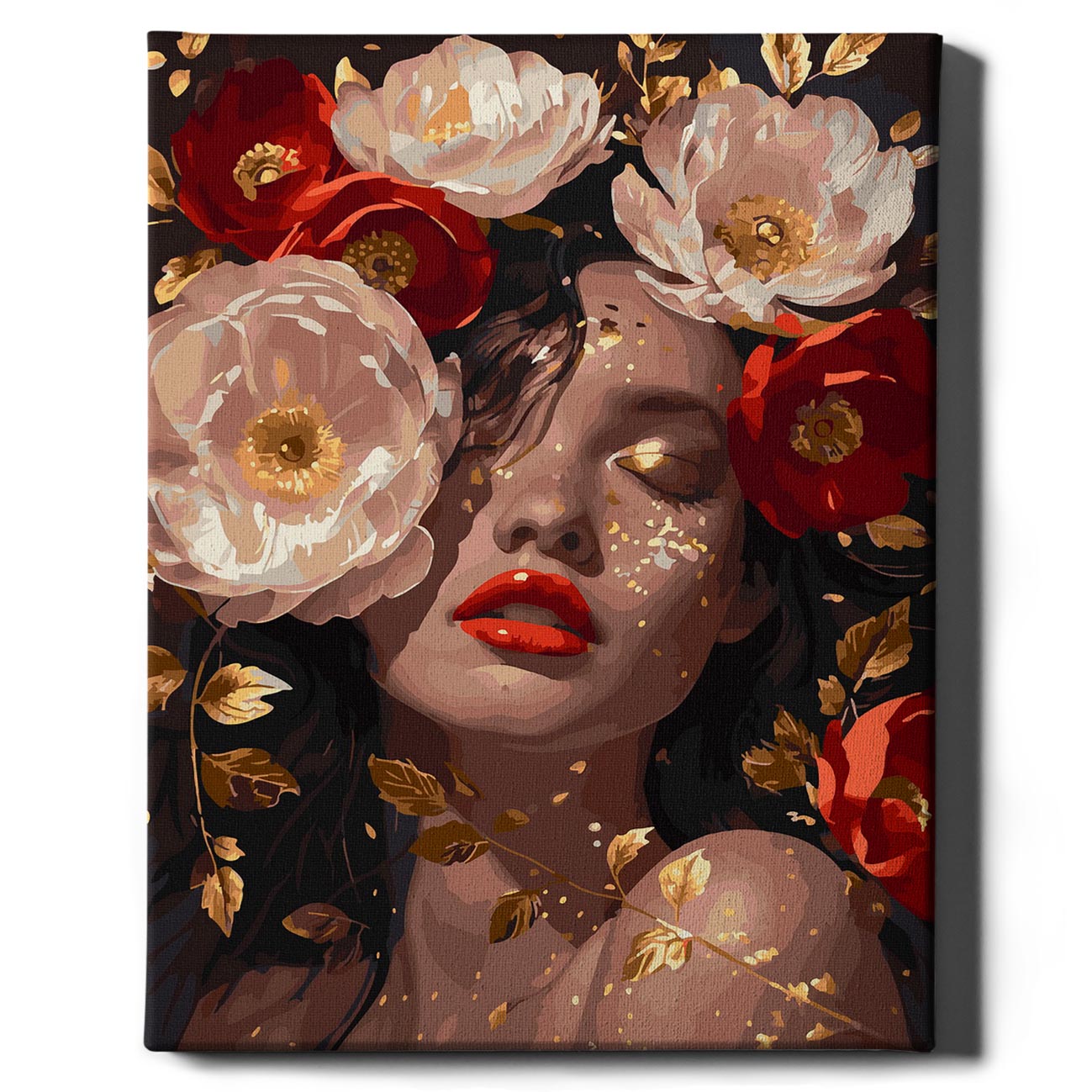 Painting by numbers - Girl and red peonies in gold