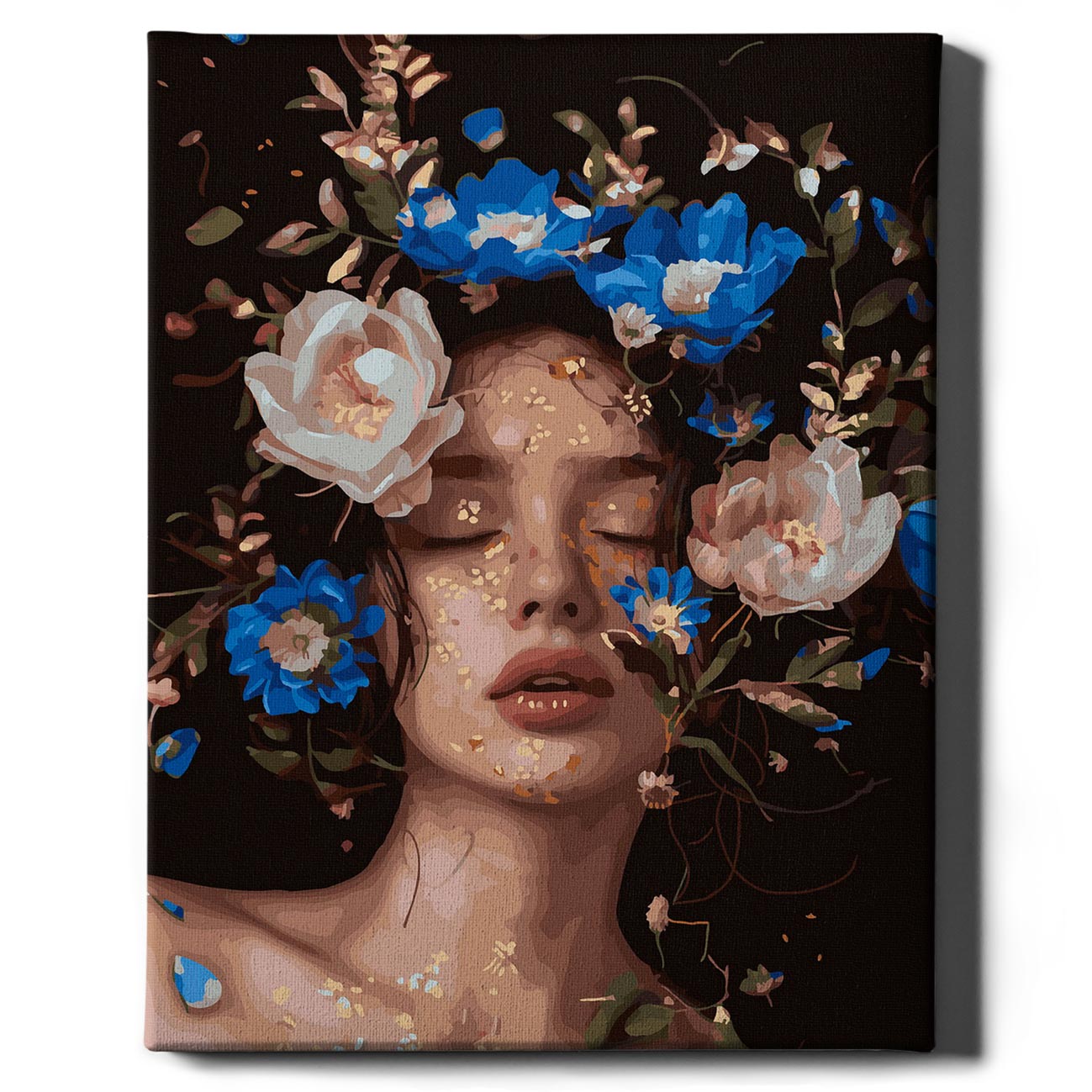 Painting by numbers - Girl and blue peonies in gold