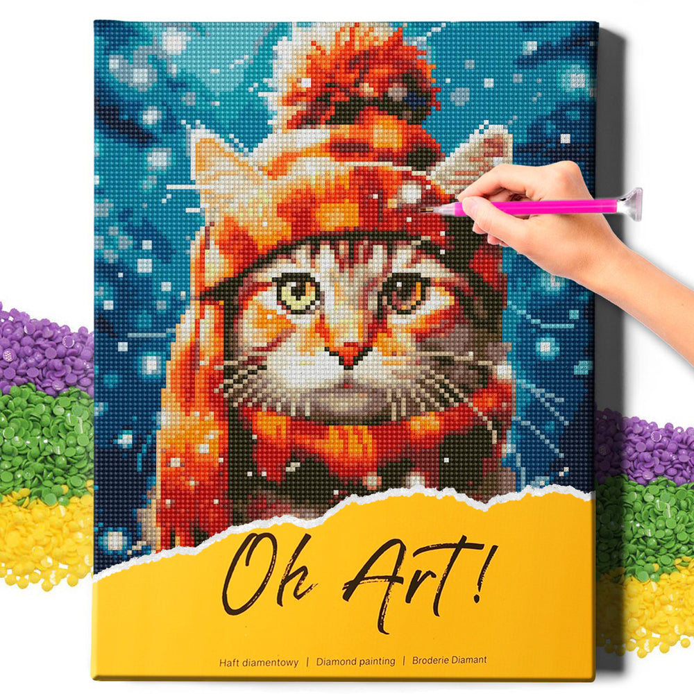 5D Diamond Painting Set 30x40 with frame - kitten with hat