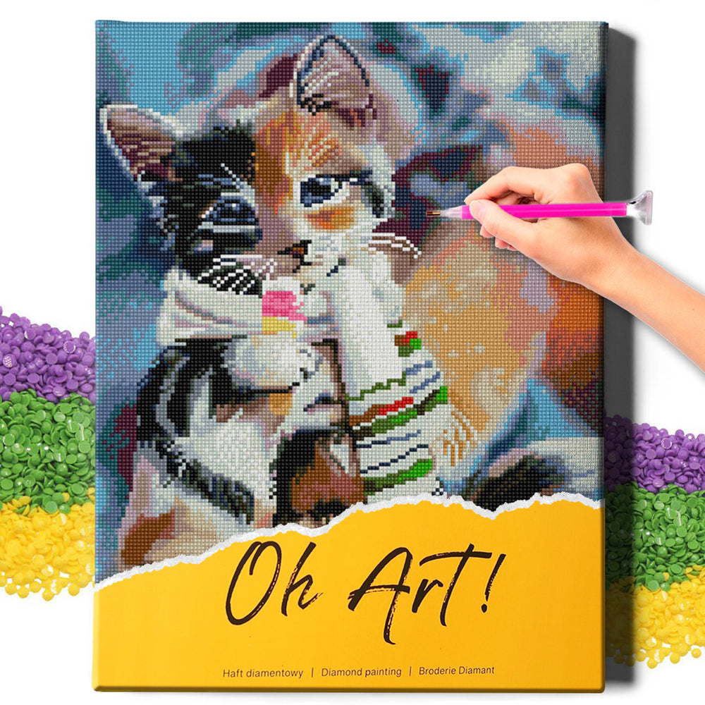 5D Diamond Painting Set 40x50 with frame - Kitten with scarf