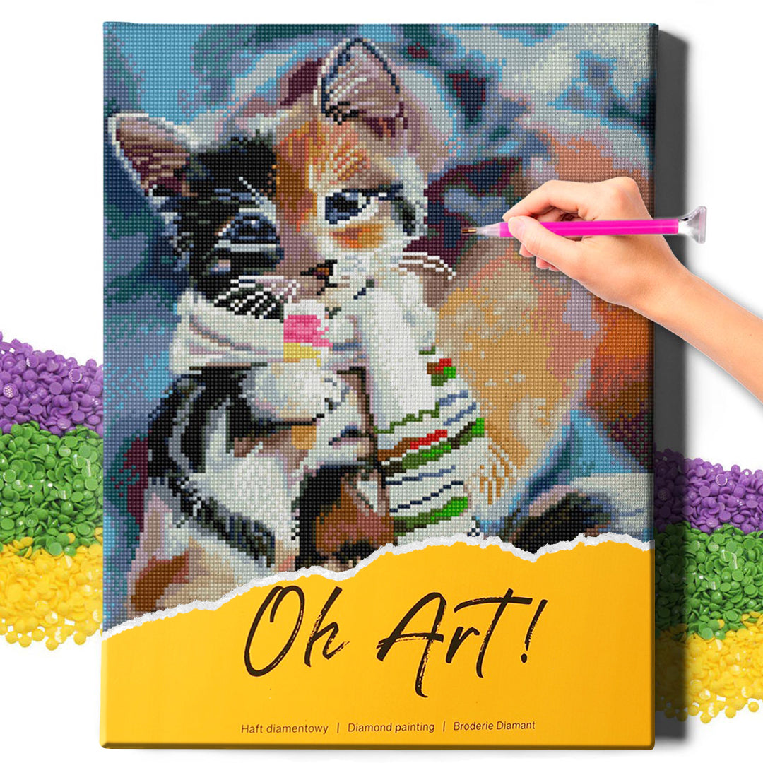 5D Diamond Painting Set 40x50 with frame - kitten with scarf