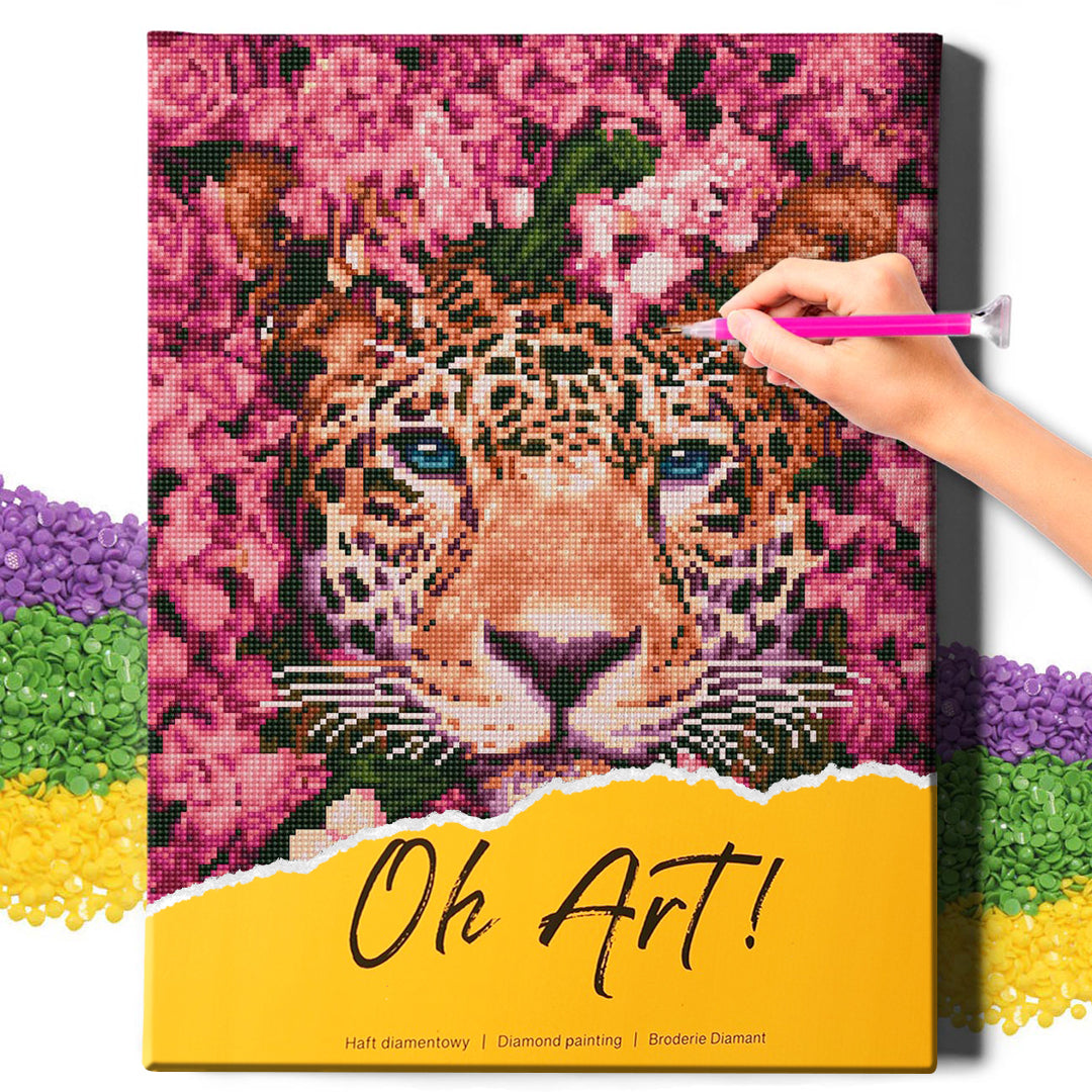 5D Diamond Painting Set 40x50 with frame - Leopard in the flowers