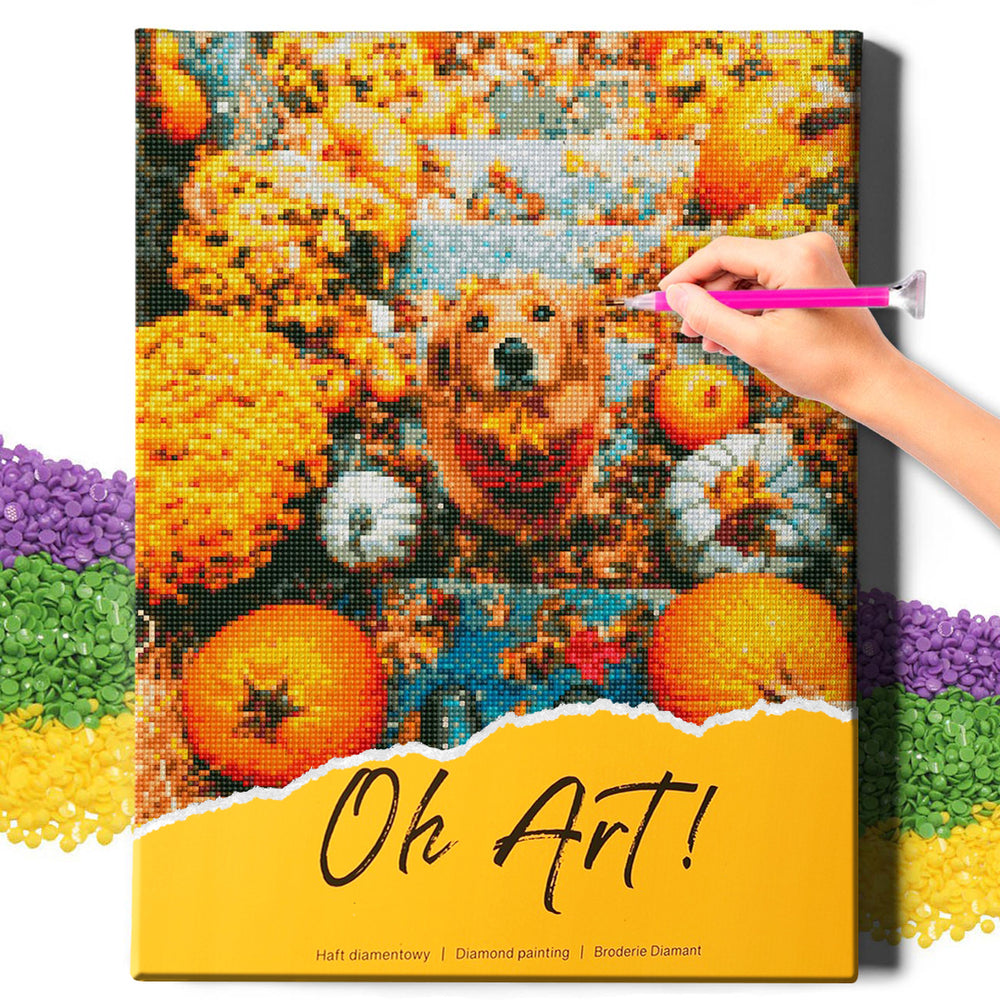 5D Diamond Painting Set 40x50 with frame - Retriever and pumpkins