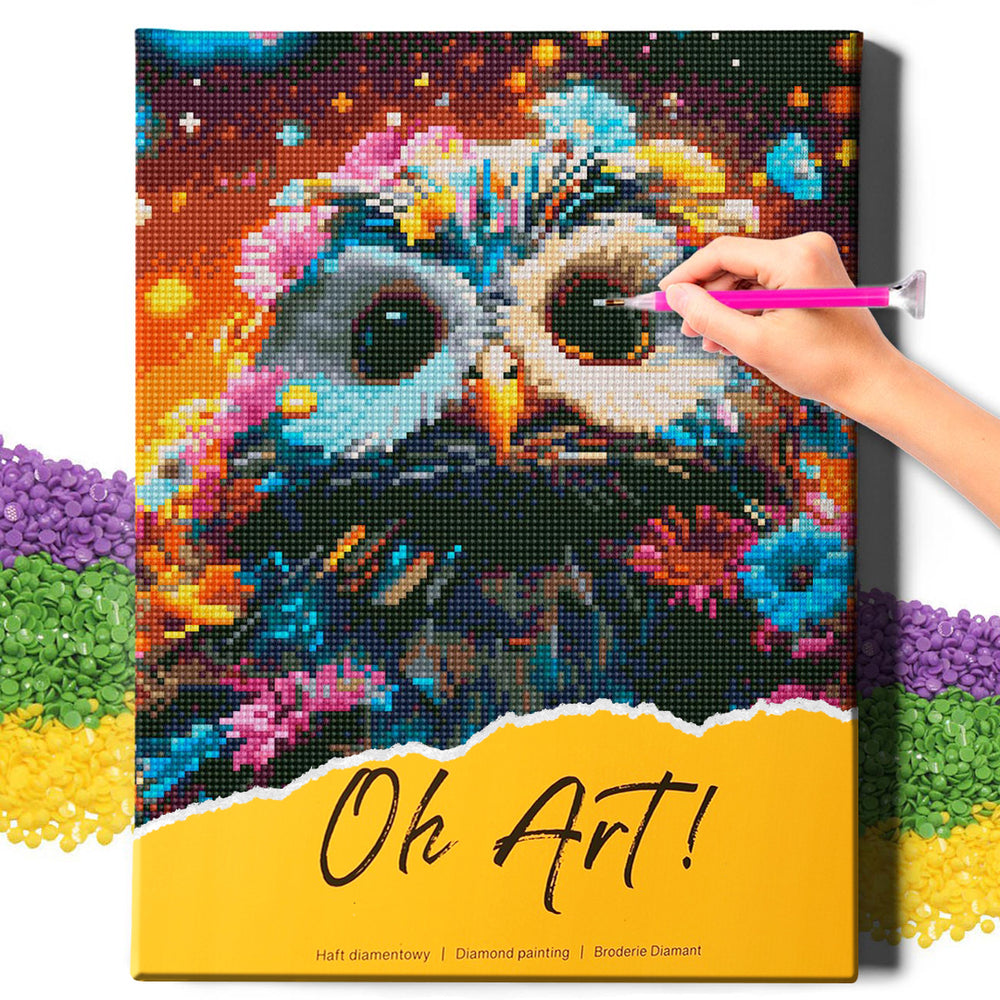 5D Diamond Painting Set 30x40 with frame - Owl in the flowers