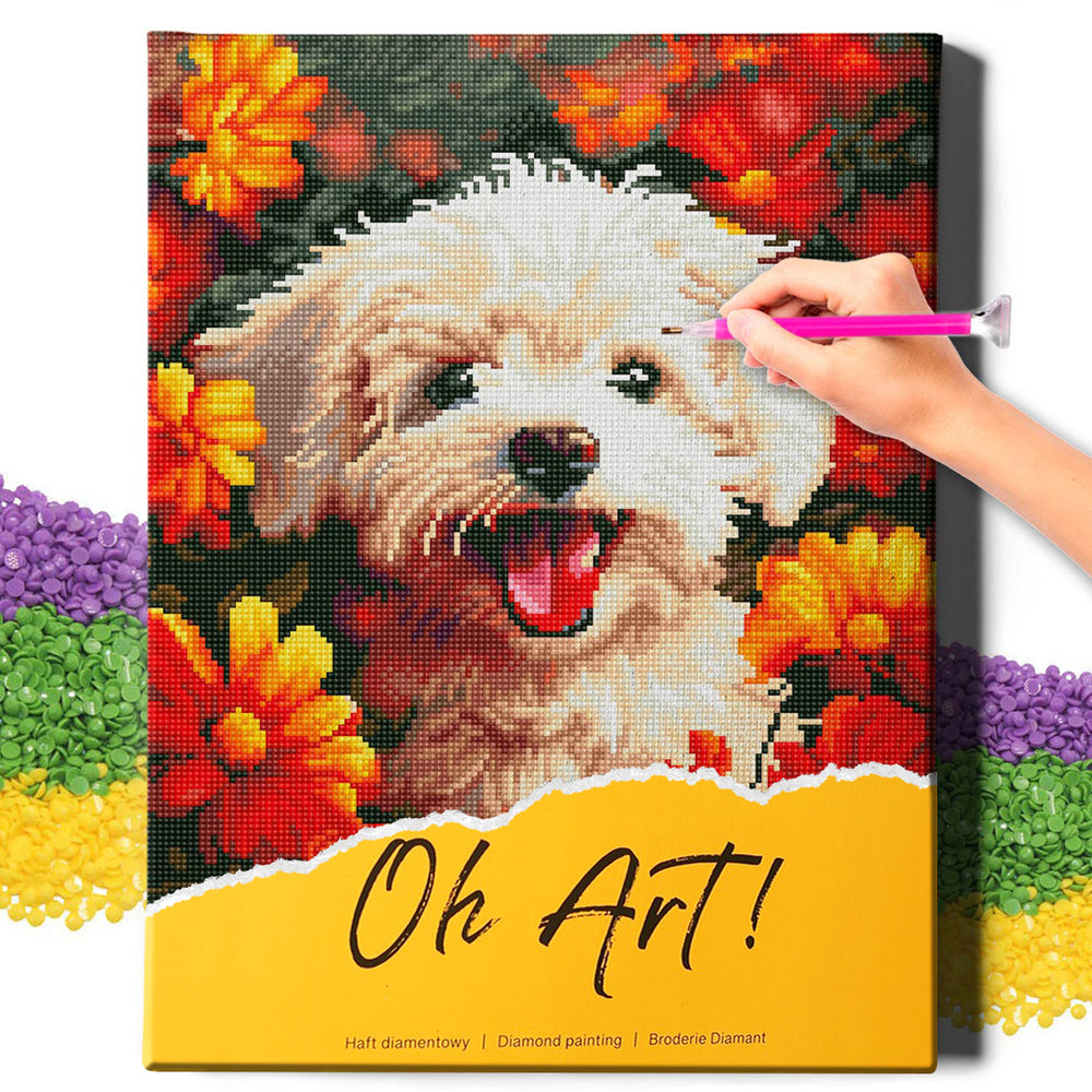 
                      
                        5D Diamond Painting Set 40x50 with frame - puppy in the flowers
                      
                    