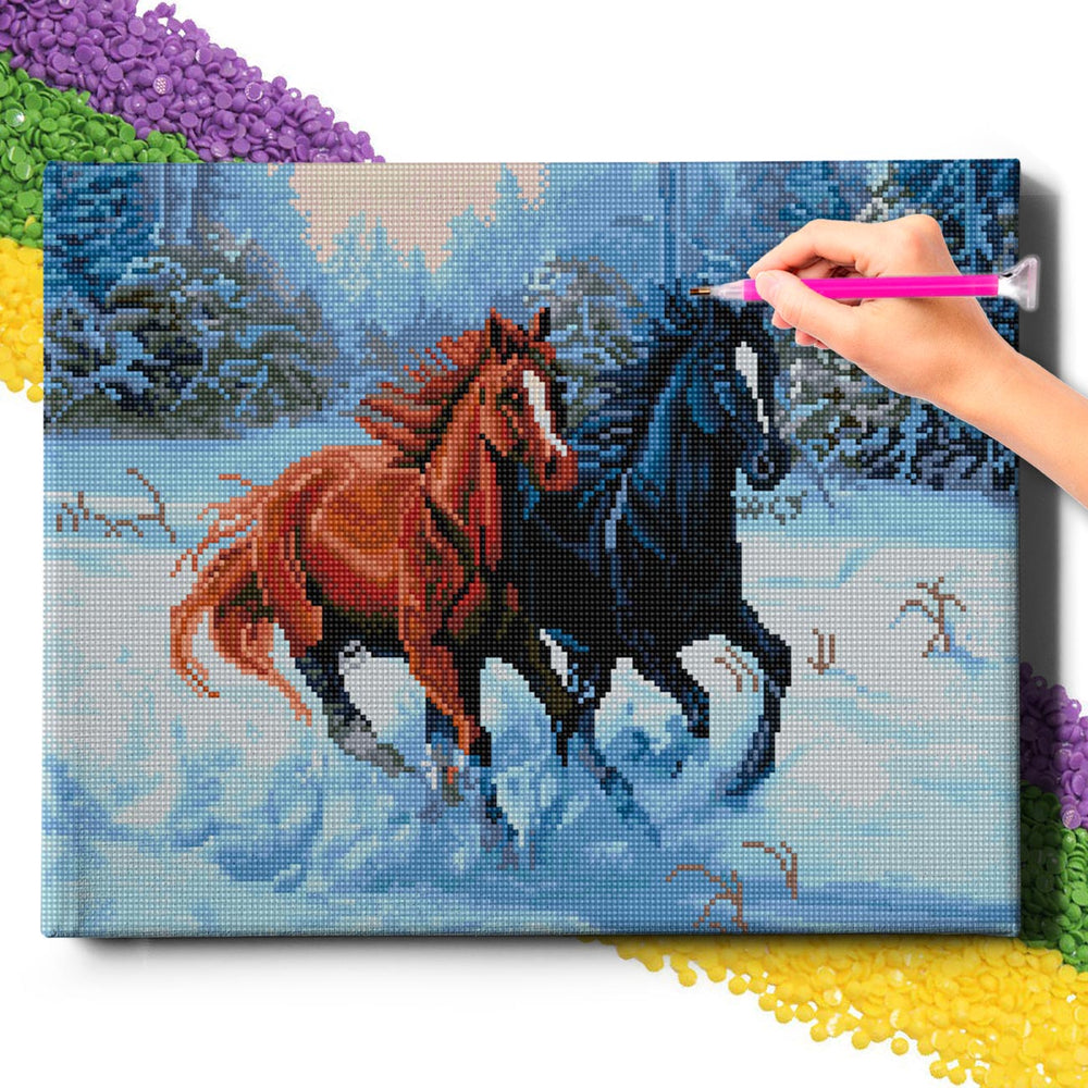 5D Diamond Painting Set 40x50 with frame - horses in winter