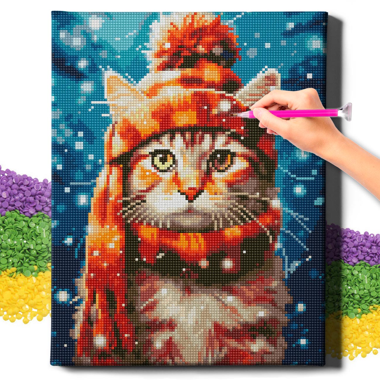 5D Diamond Painting Set 30x40 with frame - kitten with hat