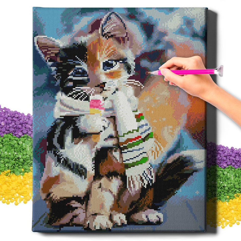 5D Diamond Painting Set 40x50 with frame - kitten with scarf