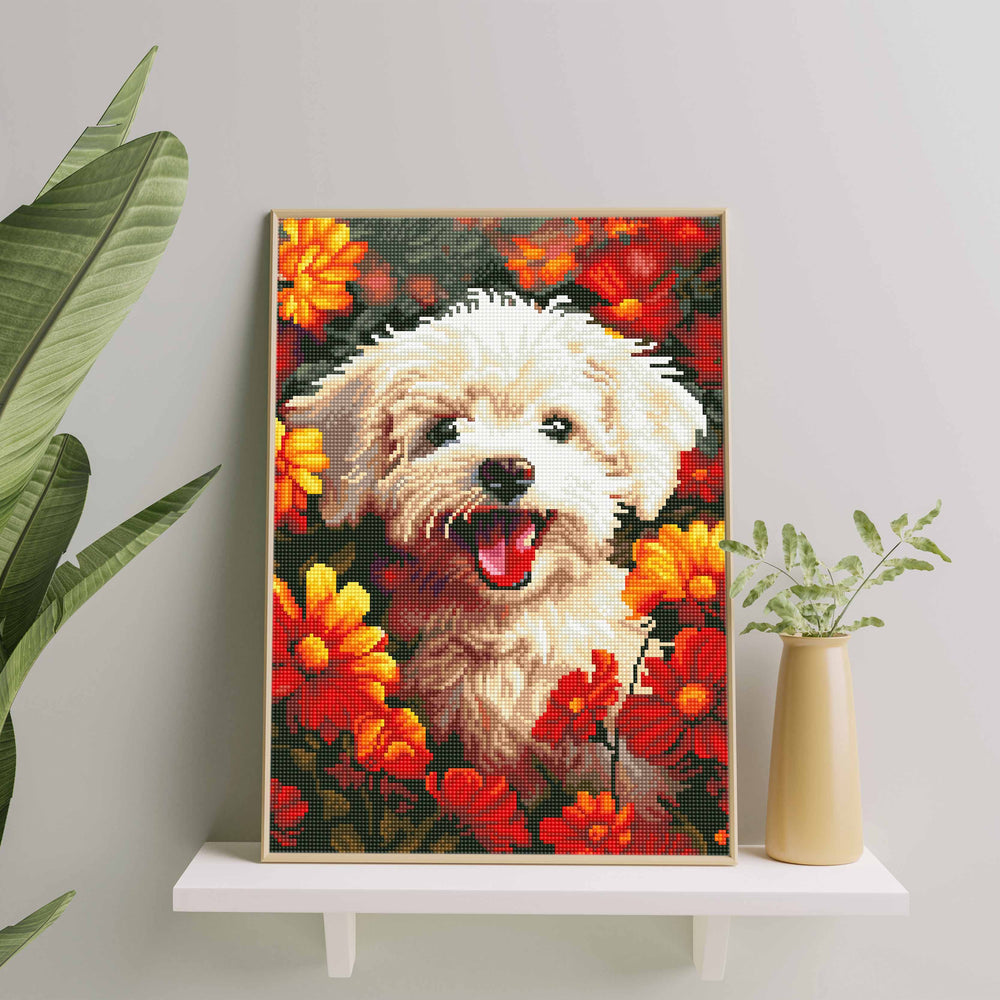 
                      
                        5D Diamond Painting Set 40x50 with frame - puppy in the flowers
                      
                    