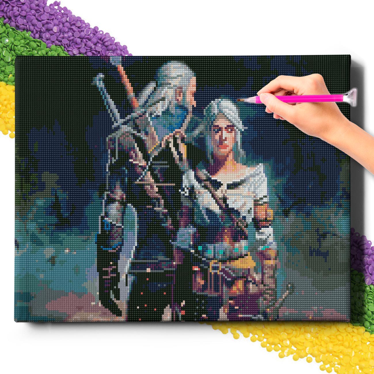 5D Diamond Painting Set 40x50 with frame - Hexer Geralt and Ciri