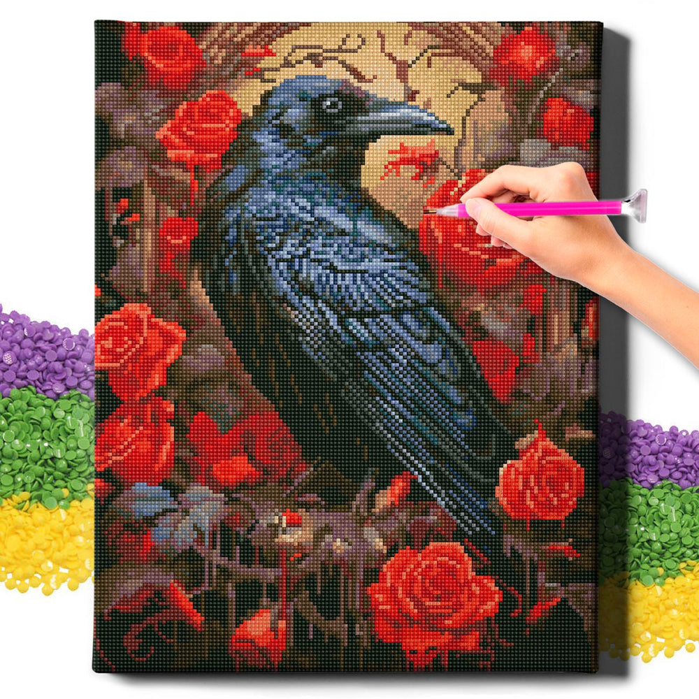 5D Diamond Painting Set 40x50 with frame - crow and rose